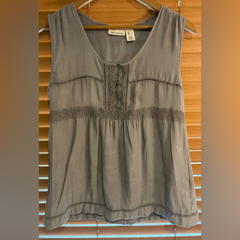 DKNY Gray Blouse with Button and Lace Detail size Large